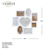A white collage photo frame with multiple openings for pictures, arranged in a heart shape and other geometric forms. The frame is displayed against a white background, with dimensions indicated. Produktbild-Vorschau