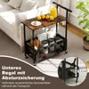 A rolling side table with a wooden top and a wire basket shelf, placed next to a sofa. It holds drinks and food items. Anteprima dell’immagine prodotto