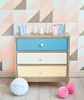 A dresser with colorful drawers and decorative items on top, set against a geometric patterned wallpaper. Produktbild-Vorschau