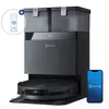 A robotic vacuum cleaner with its charging and cleaning station, a bottle of cleaning fluid, and a smartphone displaying the brand's app. Produktbild-Vorschau