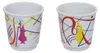Two white cups with abstract colorful designs and silhouetted figures. Produktbild-Vorschau