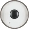 A top-down view of a glass pot lid with a black handle and a silver rim. Náhled obrázku produktu