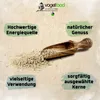 A wooden scoop filled with birdseed, surrounded by text highlighting product features. Produktbild-Vorschau