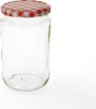 A clear glass jar with a red and white checkered lid, isolated on a white background. Produktbild-Vorschau
