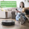 A woman and her dog relax on the floor while a robot vacuum cleaner operates nearby. Voir les images du produit