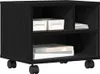 A black wooden cabinet with wheels, containing two white storage boxes on the top shelf and books on the bottom shelf. Anteprima dell’immagine prodotto