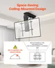 A TV ceiling mount is shown installed in a room, with informational graphics below. Podgląd zdjęcia produktu