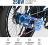 Close-up of an electric bicycle's rear hub motor and drivetrain, with marketing text and feature icons at the bottom. Produktbild-Vorschau