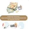 A wooden toy cash register with accessories and a calculator, presented with close-up shots of details and descriptive text. Produktbild-Vorschau