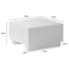 A white cube-shaped coffee table with dimensions indicated by lines and text. Produktbild-Vorschau