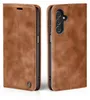 A brown leather flip case for a smartphone is shown from the front and back. Produktbild-Vorschau