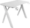 A white gaming desk with an X-shaped leg design, a cup holder, and a headset hook. Produktbild-Vorschau