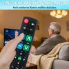 A hand holding a remote control in front of a TV, with an elderly man sitting on a couch in the background. Produktbild-Vorschau