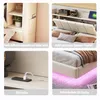 A collage of four images showcasing different features of a bed, including storage, USB ports, and LED lighting. Produktbild-Vorschau