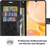 A black phone case with card slots and a bill compartment is shown open, displaying cards and a banknote. A smartphone is also visible in the case. Produktbild-Vorschau