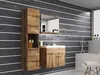 A modern bathroom vanity and cabinet set with a wood grain finish against a dark, horizontally striped wall. Náhled obrázku produktu
