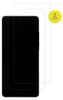Two screen protectors are shown layered on top of each other, with one partially covering a dark smartphone screen. Produktbild-Vorschau