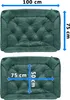 Two views of a green dog bed with dimensions indicated by blue arrows and text. Náhled obrázku produktu