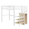 A white loft bed with wooden steps and a wooden cabinet on the side, shown against a white background. Anteprima dell’immagine prodotto
