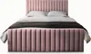 A pink upholstered bed with a headboard and footboard, shown with white pillows and a dark gray blanket. Produktbild-Vorschau