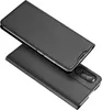 A black flip case for a smartphone is shown from a diagonal angle, with the case open to reveal the phone inside. Produktbild-Vorschau