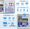 A collage of images showing a mini refrigerator and diagrams illustrating its capacity and potential contents. Produktbild-Vorschau