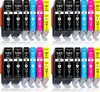 A collage of four rows of printer ink cartridges, with each row containing multiple cartridges of different colors. Produktbild-Vorschau