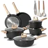 A collection of black granite cookware with wooden handles and lids, along with kitchen utensils, arranged on a white background. Anteprima dell’immagine prodotto