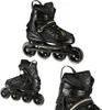 Three views of a pair of black and gold inline skates against a white background. Podgląd zdjęcia produktu
