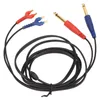 A black audio cable with red and blue connectors on both ends, laid out on a white background. Podgląd zdjęcia produktu