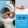 A collage showing a person loading laundry into a washing machine and a close-up of a zipper on a white fabric, with text overlays. Produktbild-Vorschau