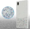 A phone case with glitter is shown next to a close-up of the glitter pattern. Produktbild-Vorschau