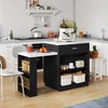 A modern kitchen island with an extendable table, featuring storage drawers and shelves, set in a well-lit kitchen environment. Náhled obrázku produktu