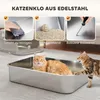 A collage of images showing features of a stainless steel cat litter box, with two cats in the foreground. Produktbild-Vorschau
