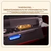 Close-up view of internal components of a heating device, with text overlay describing its features. Produktbild-Vorschau