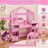 A pink children's vanity set with a chair, featuring storage compartments and decorative elements. Anteprima dell’immagine prodotto