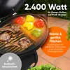 A close-up of an electric grill with food and text overlays. Produktbild-Vorschau