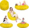 A collage of five images showing different people using yellow beanbag chairs in various positions.
