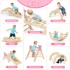 A collage of images showing different configurations and uses of a wooden indoor climbing set for children. Voir les images du produit