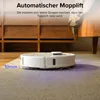 A white robot vacuum cleaner is shown on a carpet, with text overlay describing its features. Produktbild-Vorschau