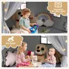 Two split images showing children playing in a tent with stuffed animals and toys. Voir les images du produit