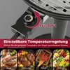 Close-up of an electric grill's temperature control dial, with a graphic indicating the temperature range and images of food items below. Produktbild-Vorschau