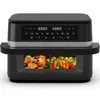 A black and silver air fryer with a digital display and two compartments containing food. Produktbild-Vorschau