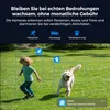 A child and a dog are playing on a grassy lawn, with bounding boxes and icons indicating object detection by a security camera system. Produktbild-Vorschau