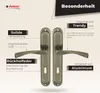 A product image showcasing door handles with descriptive text highlighting features. Produktbild-Vorschau