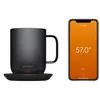 A black Ember mug and its charging coaster are shown next to a smartphone displaying the Ember app. Náhled obrázku produktu
