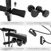 Collage of images showing different features of a sit-up bench, including adjustable height, dumbbells, and resistance bands. Náhled obrázku produktu