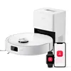 A white robot vacuum cleaner with its charging dock and a smartwatch and smartphone displaying an app logo. Produktbild-Vorschau