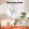 A white hanging chair with cushions, shown in a room with a plant. Close-up insets highlight the cushion filling and backrest design. Podgląd zdjęcia produktu