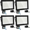Four black LED floodlights with motion sensors are arranged in a 2x2 grid on a white background. Produktbild-Vorschau